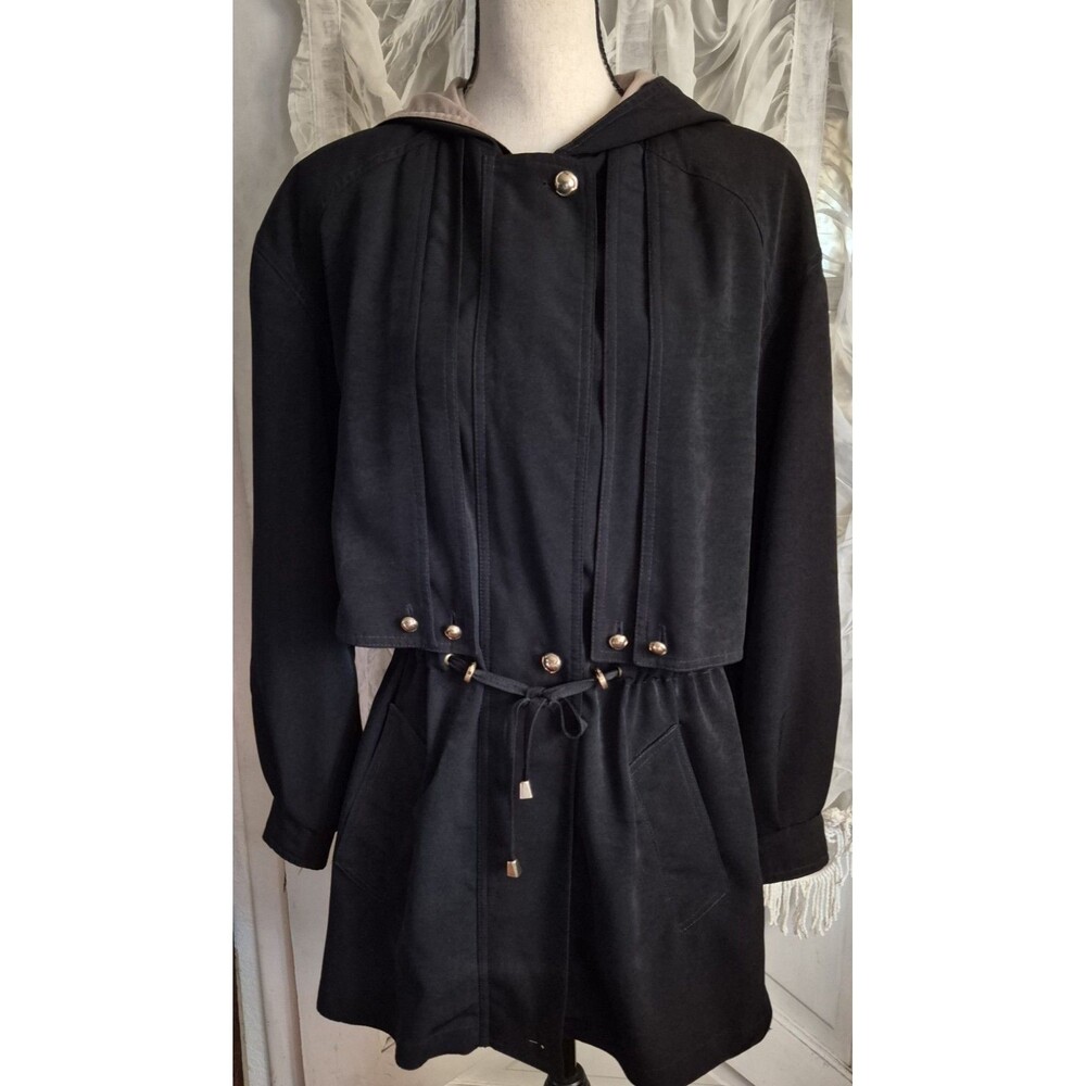 Vintage Fleet Street Black Trench Coat Gold Buttons Size S 80s 90s Retro Classic